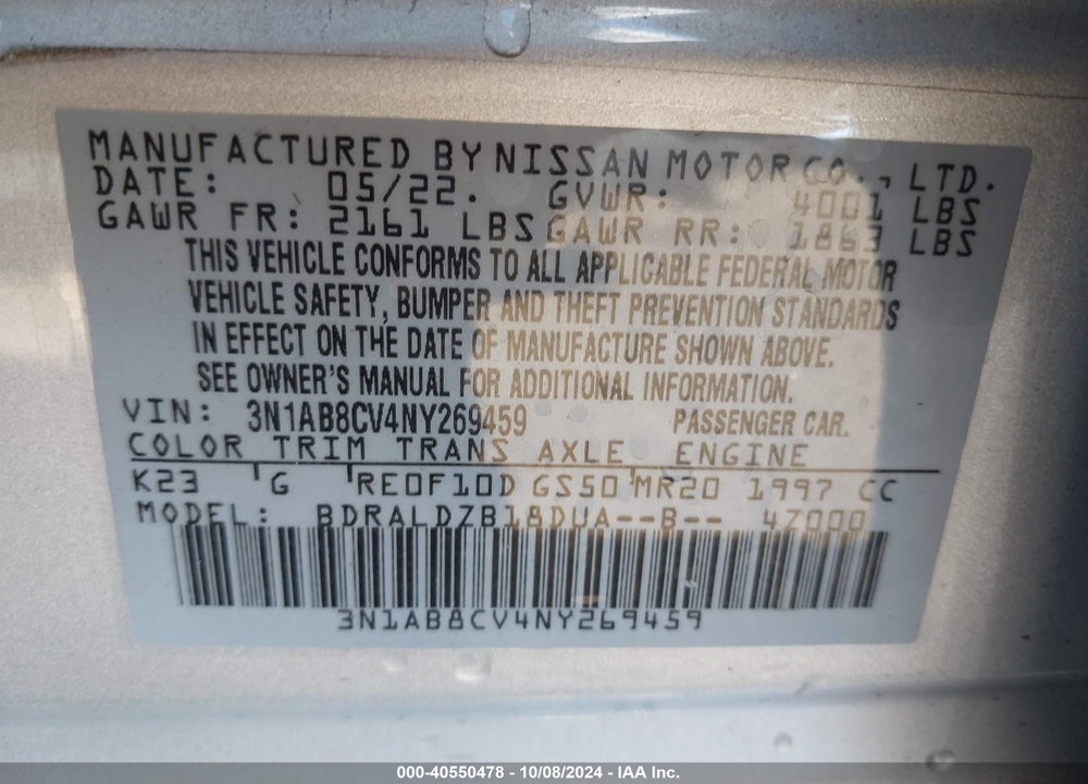 2022 NISSAN SENTRA SV XTRONIC CVT VIN: 3N1AB8CV4NY269459