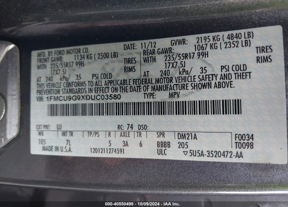 2013 FORD ESCAPE SE VIN: 1FMCU9G9XDUC03580