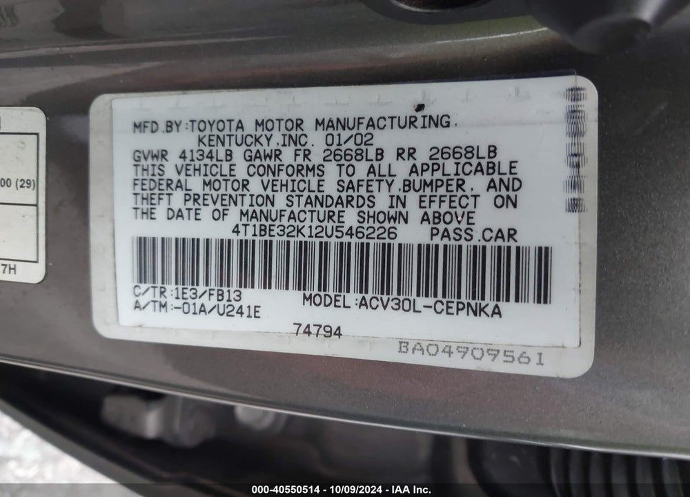 2002 TOYOTA CAMRY LE VIN: 4T1BE32K12U546226