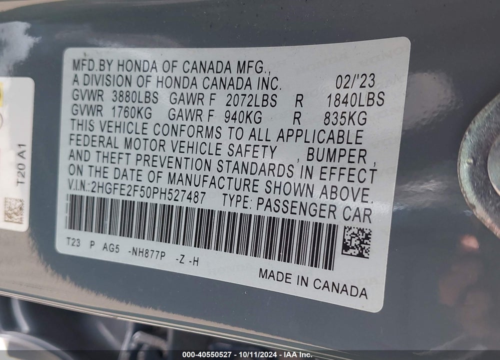 2023 HONDA CIVIC SPORT VIN: 2HGFE2F50PH527487