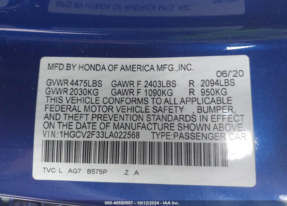 2020 HONDA ACCORD SPORT 2.0T VIN: 1HGCV2F33LA022568
