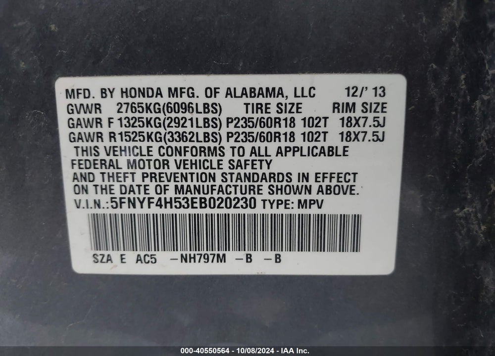 2014 HONDA PILOT EX-L VIN: 5FNYF4H53EB020230