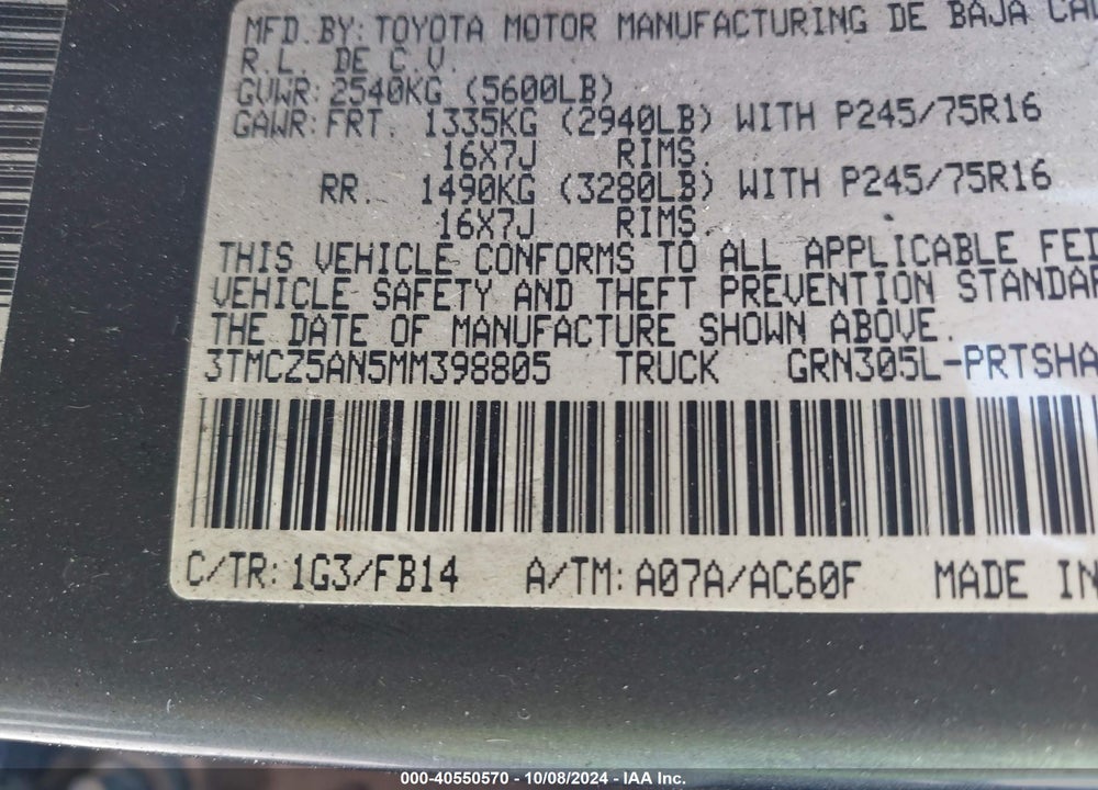 2021 TOYOTA TACOMA SR V6 VIN: 3TMCZ5AN5MM398805