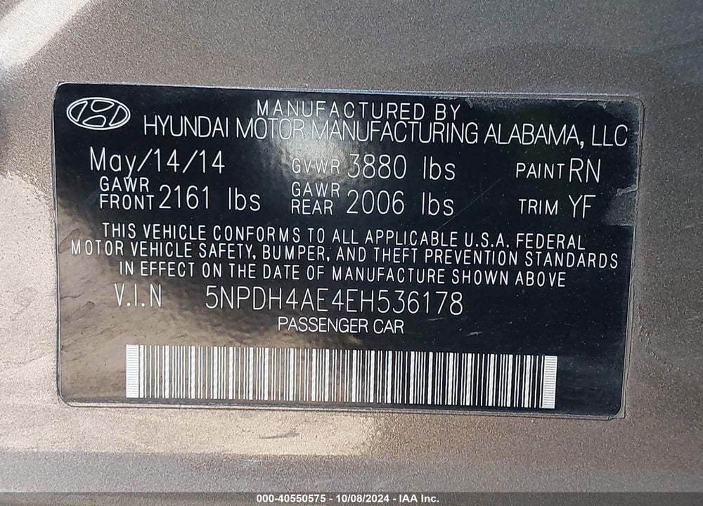 2014 HYUNDAI ELANTRA SE VIN: 5NPDH4AE4EH536178