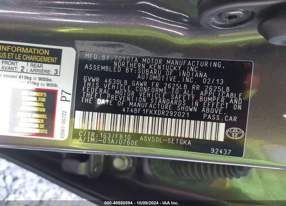 2013 TOYOTA CAMRY XLE VIN: 4T4BF1FKXDR292021