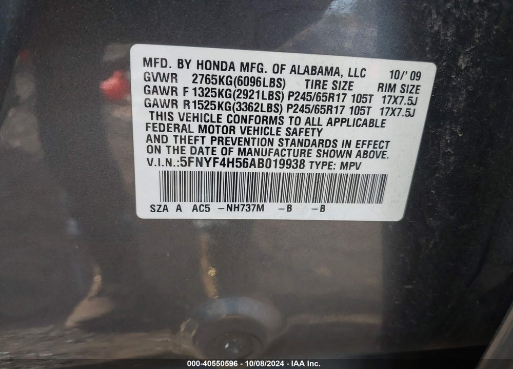 2010 HONDA PILOT EX-L VIN: 5FNYF4H56AB019938