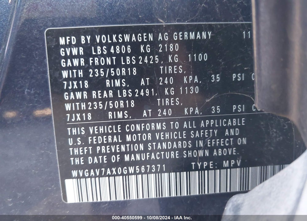2016 VOLKSWAGEN TIGUAN SE VIN: WVGAV7AX0GW567371