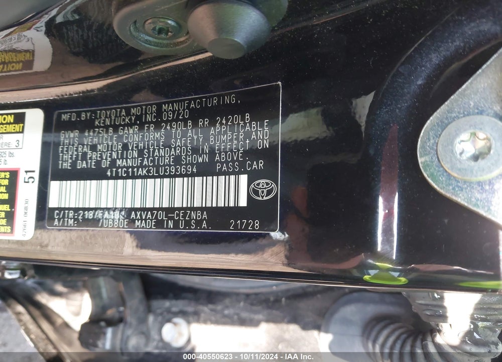 2020 TOYOTA CAMRY LE VIN: 4T1C11AK3LU393694