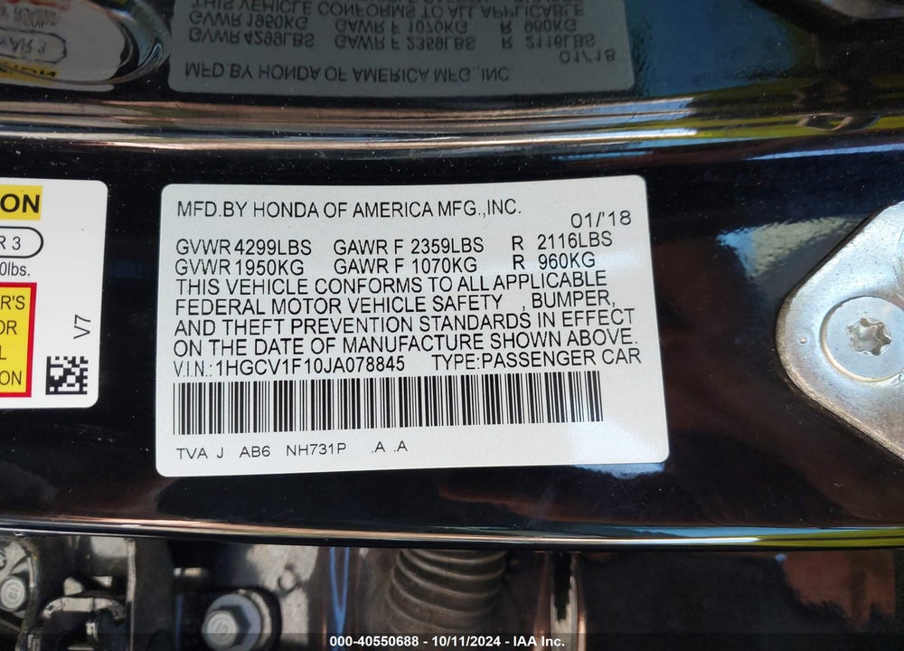 2018 HONDA ACCORD LX VIN: 1HGCV1F10JA078845