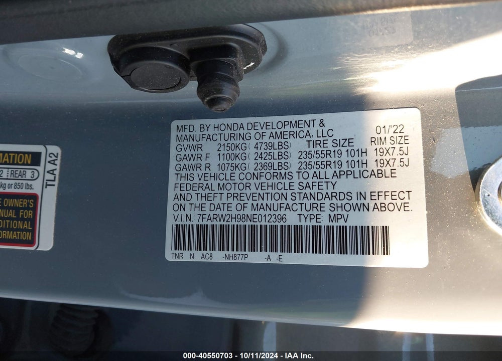 2022 HONDA CR-V AWD TOURING VIN: 7FARW2H98NE012396