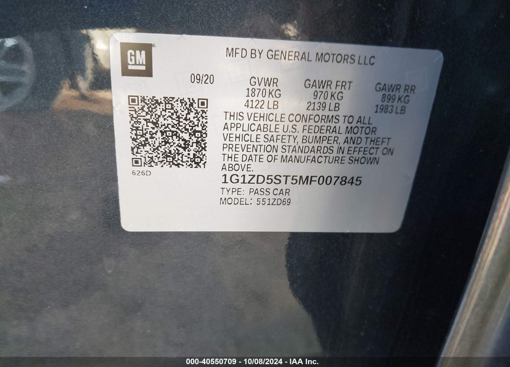 2021 CHEVROLET MALIBU FWD LT VIN: 1G1ZD5ST5MF007845