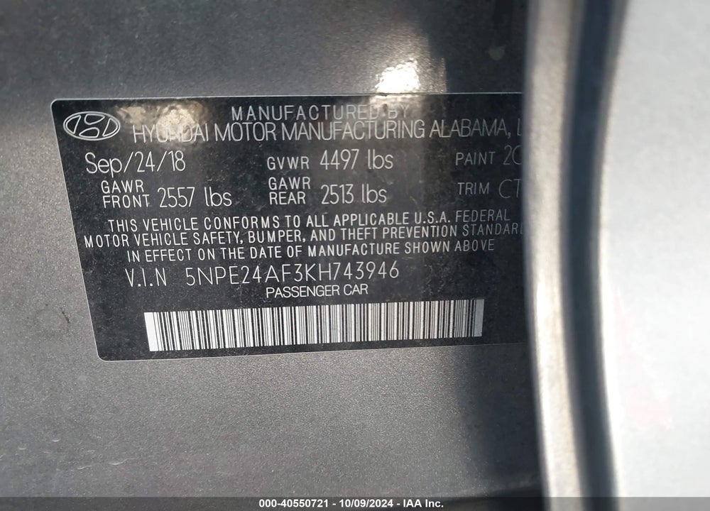 2019 HYUNDAI SONATA SE VIN: 5NPE24AF3KH743946