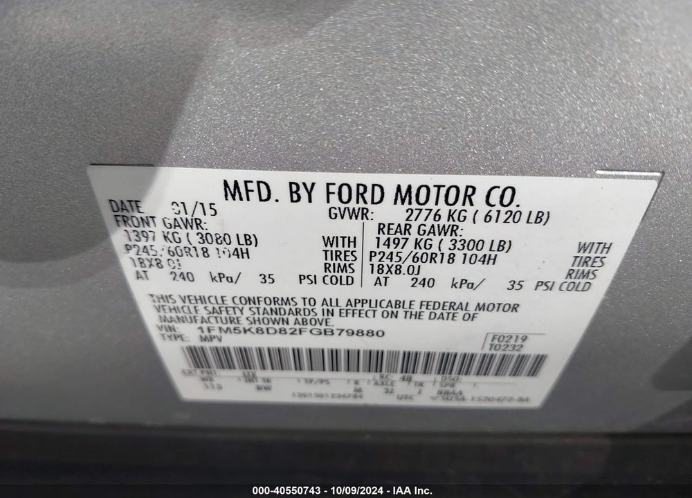 2015 FORD EXPLORER XLT VIN: 1FM5K8D82FGB79880