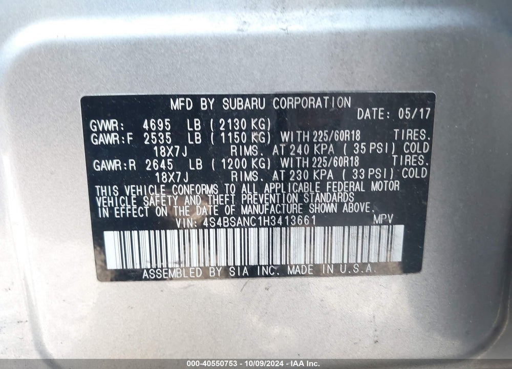 2017 SUBARU OUTBACK 2.5I LIMITED VIN: 4S4BSANC1H3413661