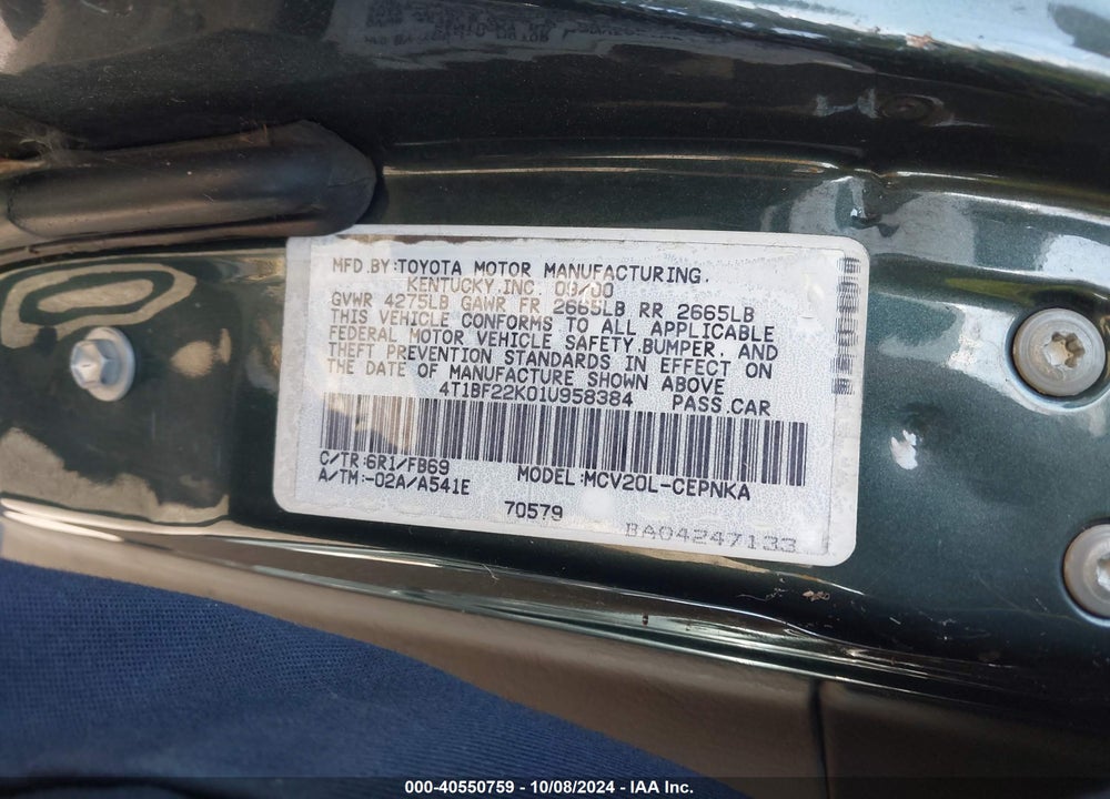 2001 TOYOTA CAMRY LE V6 VIN: 4T1BF22K01U958384