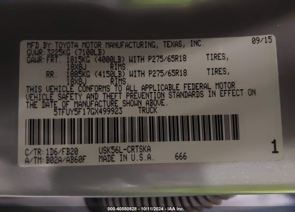 2016 TOYOTA TUNDRA SR5 5.7L V8 VIN: 5TFUY5F17GX499923
