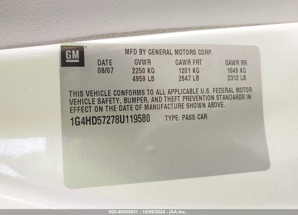 2008 BUICK LUCERNE CXL VIN: 1G4HD57278U119580