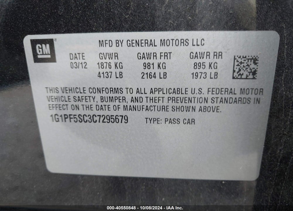 2012 CHEVROLET CRUZE 1LT VIN: 1G1PF5SC3C7295679