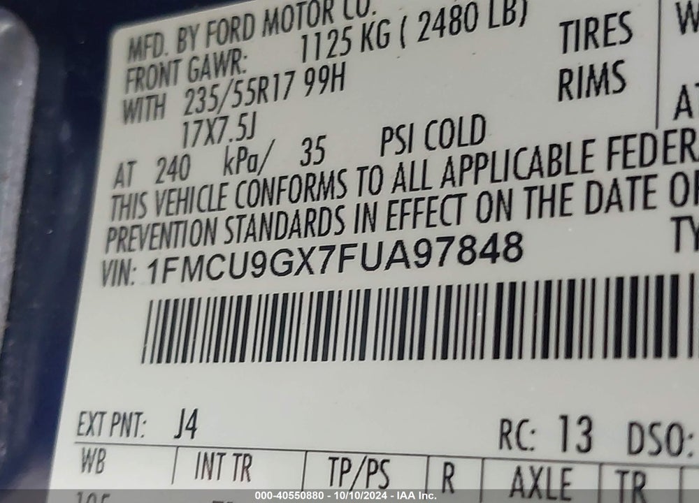 2015 FORD ESCAPE SE VIN: 1FMCU9GX7FUA97848
