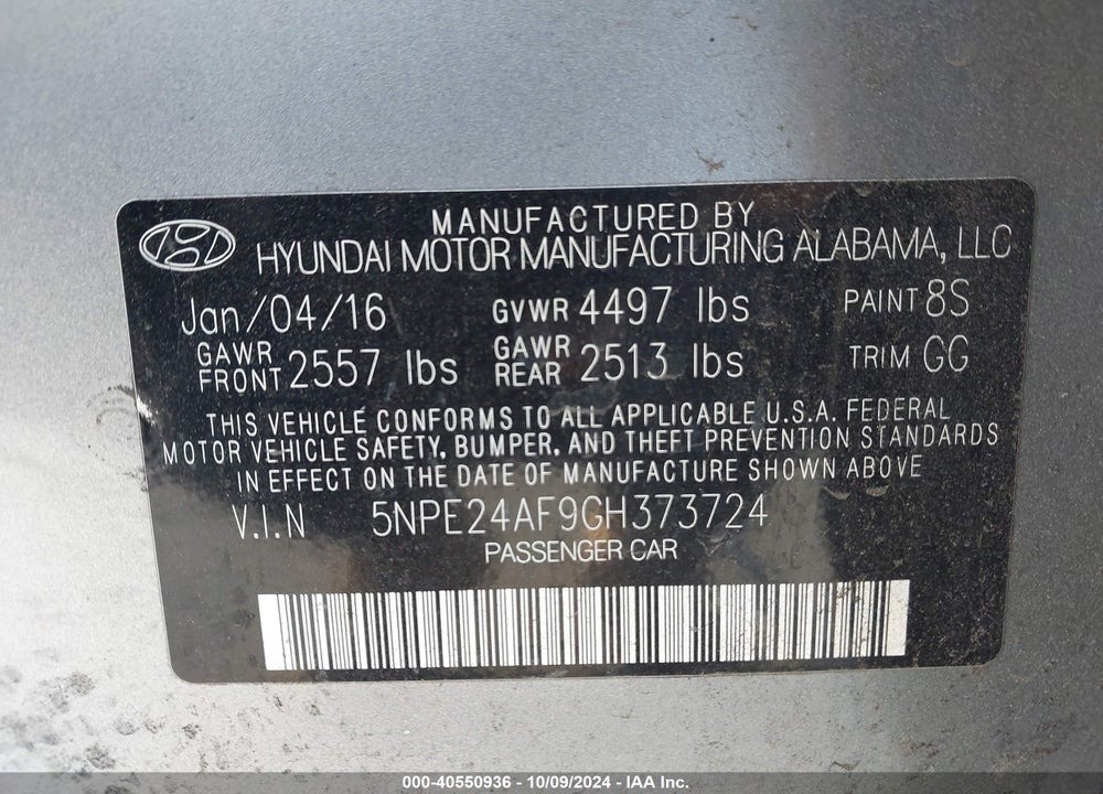 2016 HYUNDAI SONATA VIN: 5NPE24AF9GH373724