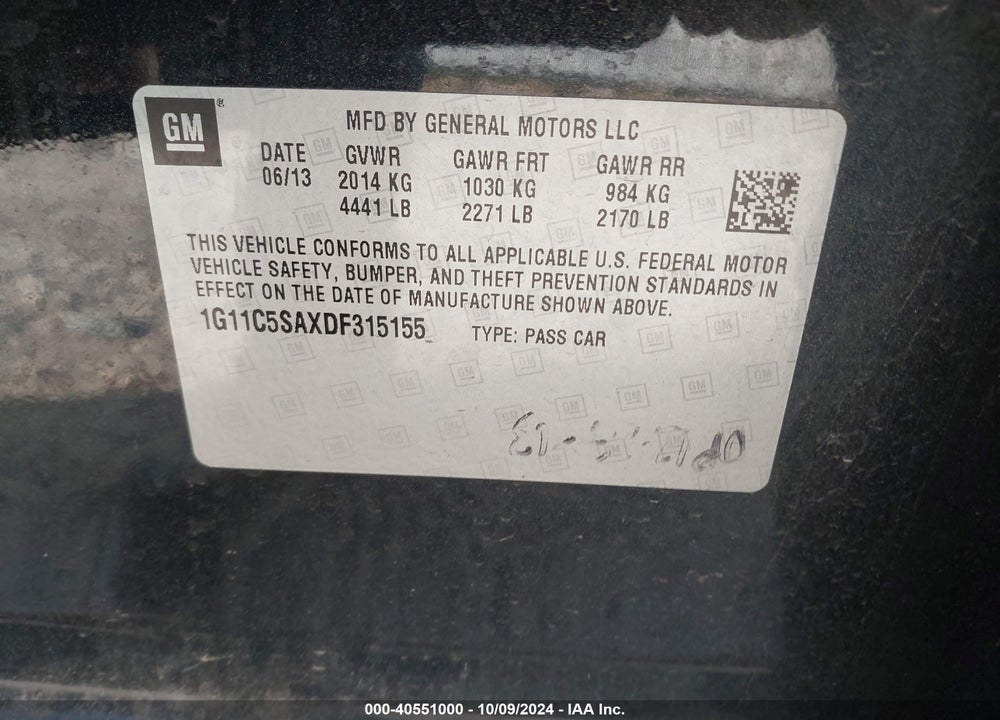 2013 CHEVROLET MALIBU 1LT VIN: 1G11C5SAXDF315155