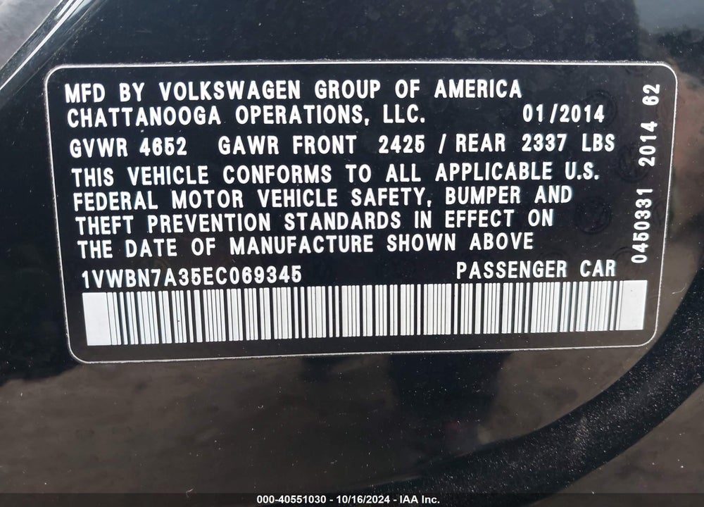 2014 VOLKSWAGEN PASSAT 2.0L TDI SE VIN: 1VWBN7A35EC069345