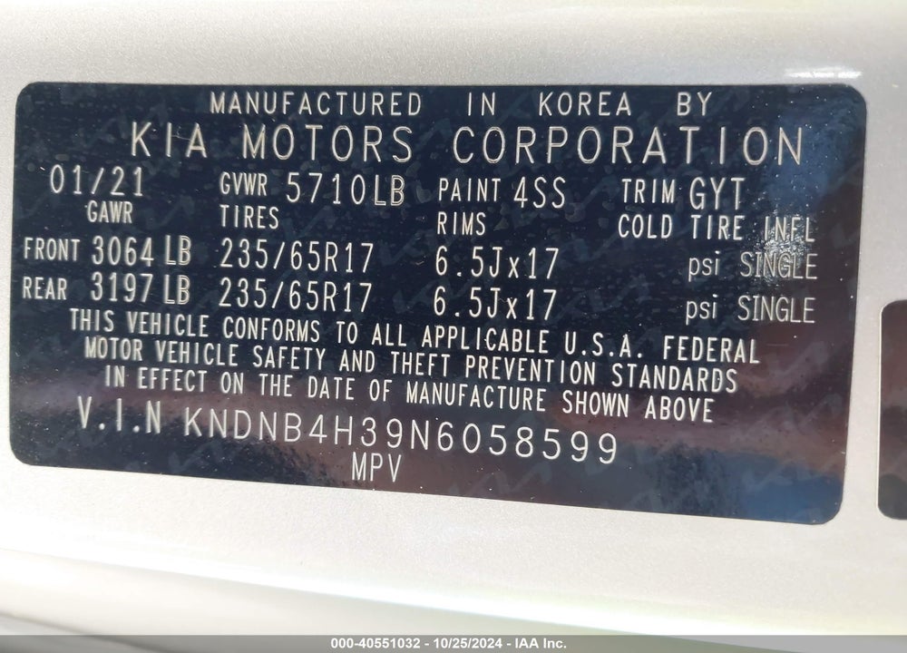 2022 KIA CARNIVAL MPV LX SEAT PACKAGE VIN: KNDNB4H39N6058599