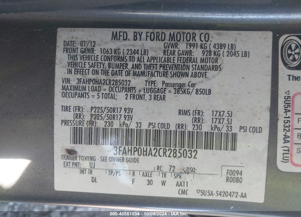2012 FORD FUSION SE VIN: 3FAHP0HA2CR285032