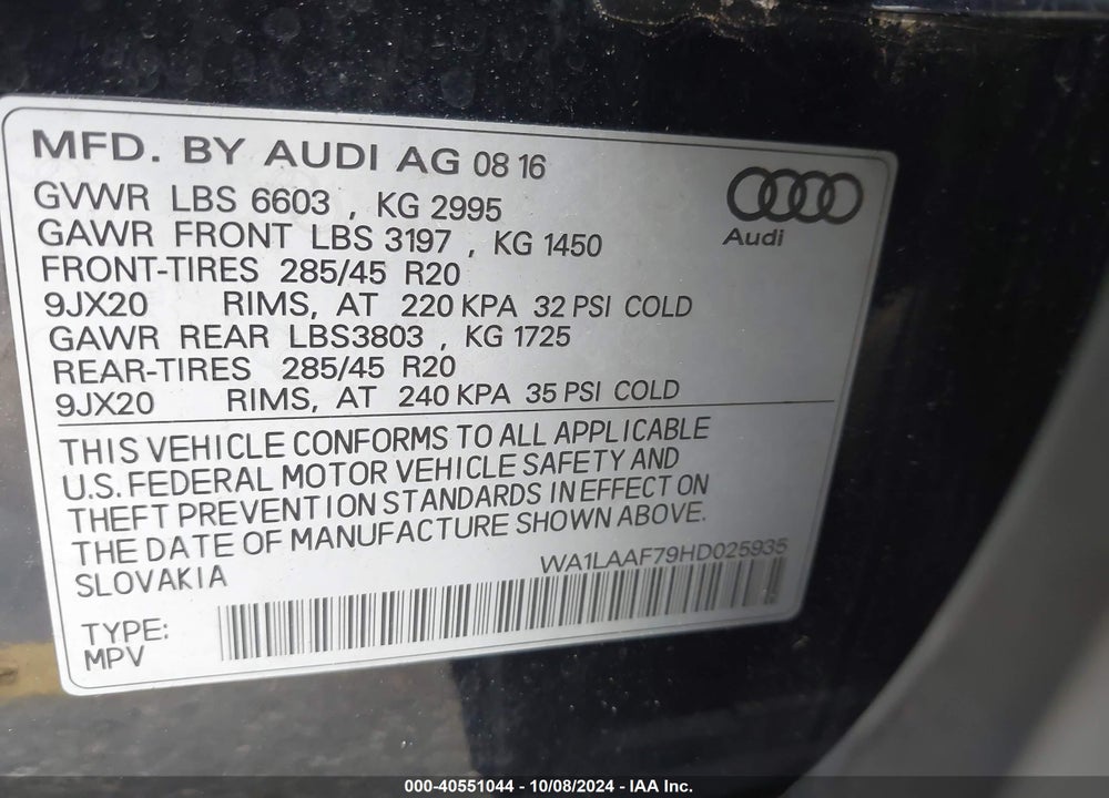 2017 AUDI Q7 3.0T PREMIUM VIN: WA1LAAF79HD025935