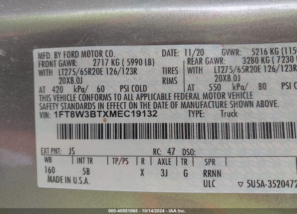 2021 FORD F-350 LARIAT VIN: 1FT8W3BTXMEC19132