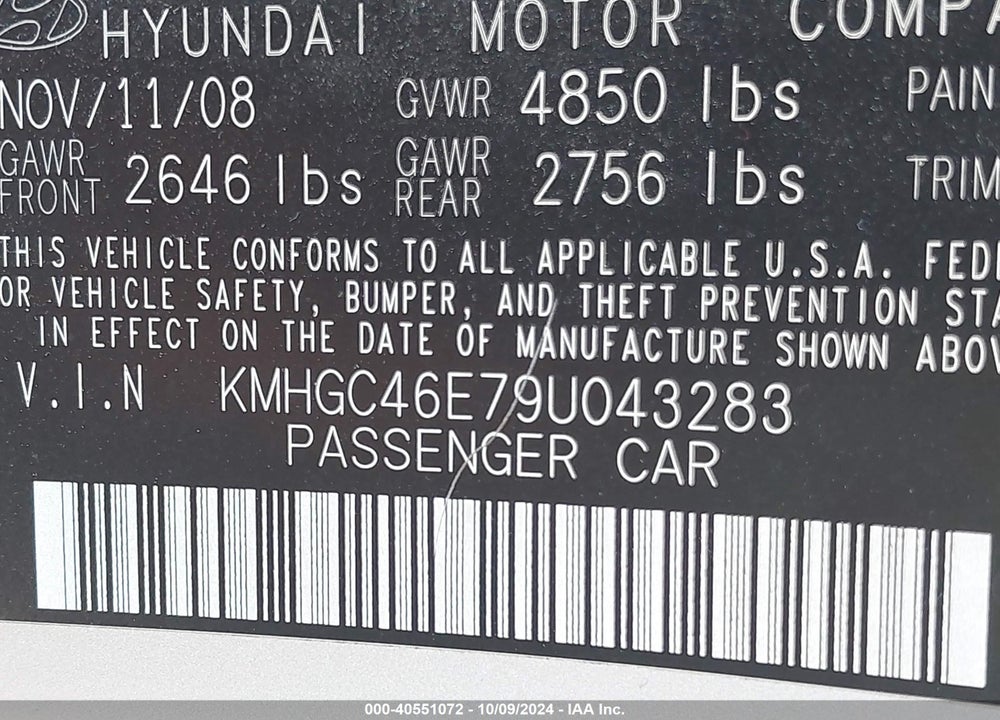2009 HYUNDAI GENESIS 3.8 VIN: KMHGC46E79U043283