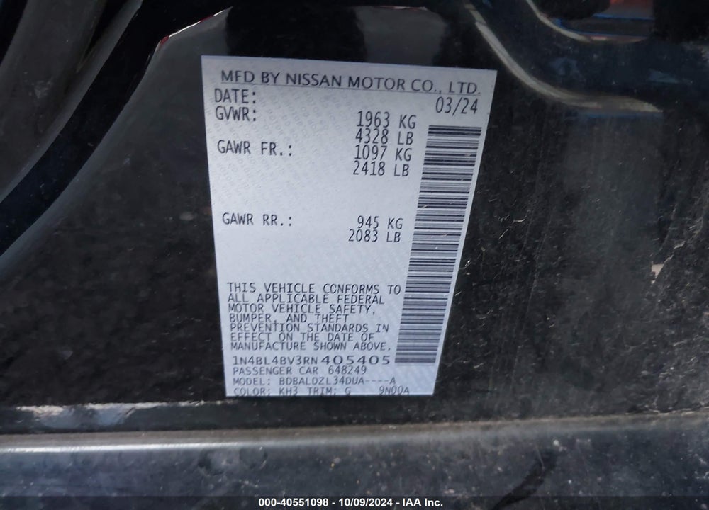 2024 NISSAN ALTIMA S FWD VIN: 1N4BL4BV3RN405405