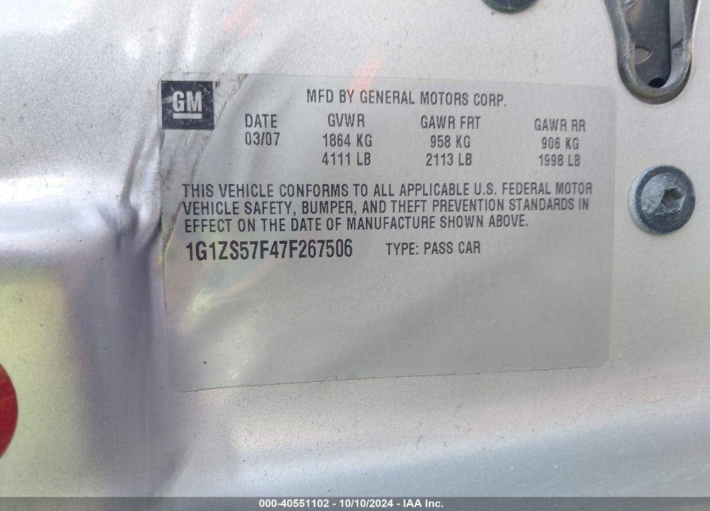 2007 CHEVROLET MALIBU LS VIN: 1G1ZS57F47F267506
