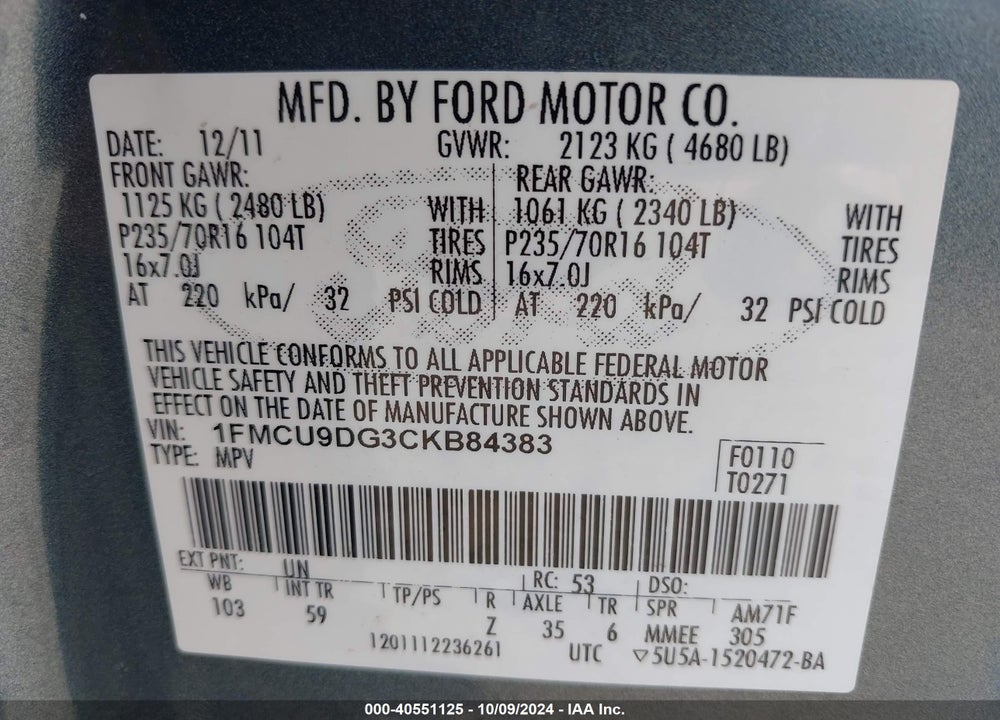 2012 FORD ESCAPE XLT VIN: 1FMCU9DG3CKB84383