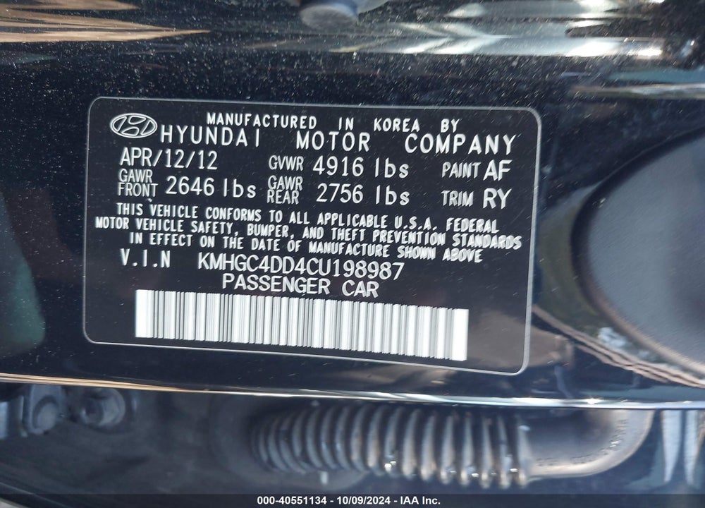 2012 HYUNDAI GENESIS 3.8 VIN: KMHGC4DD4CU198987