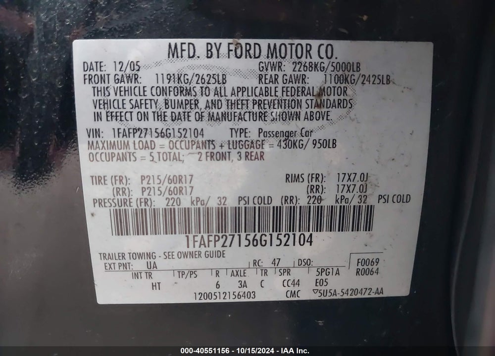 2006 FORD FIVE HUNDRED SEL VIN: 1FAFP27156G152104
