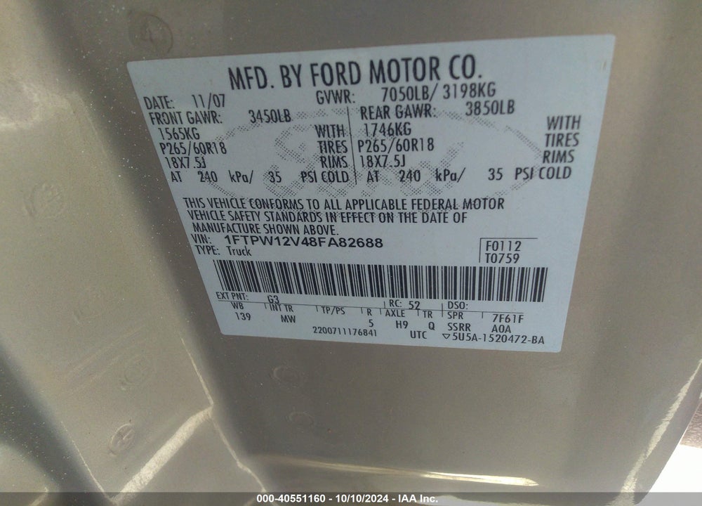 2008 FORD F-150 60TH ANNIVERSARY/FX2/KING RANCH/LARIAT/XLT VIN: 1FTPW12V48FA82688