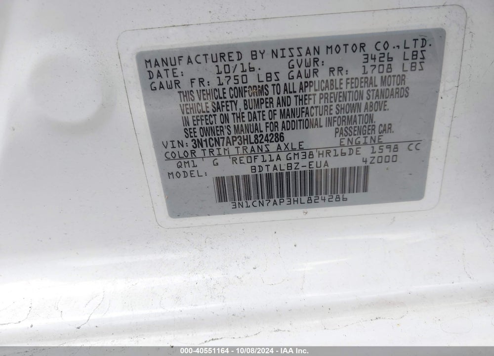 2017 NISSAN VERSA VIN: 3N1CN7AP3HL824286