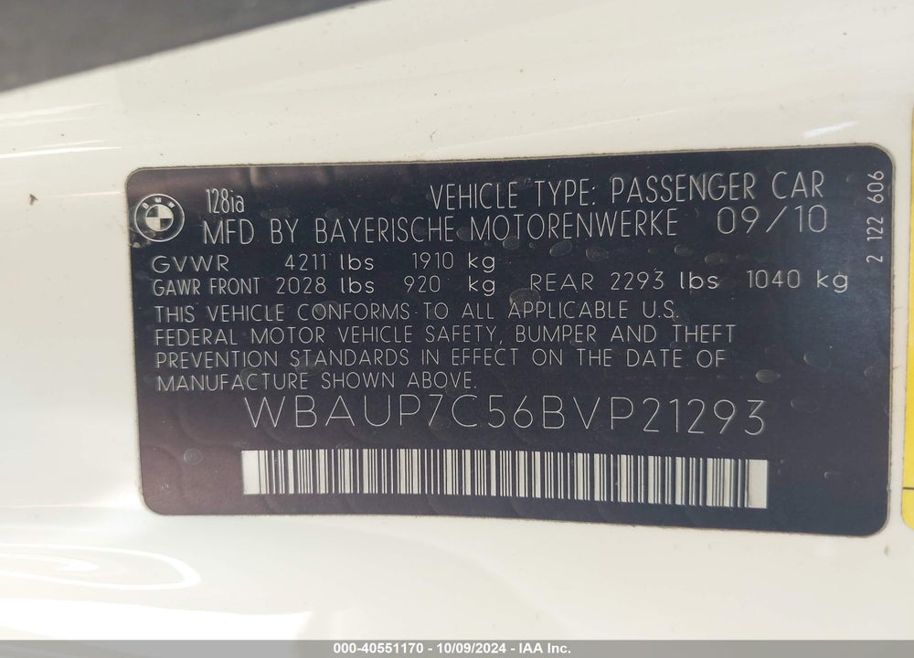 2011 BMW 128I VIN: WBAUP7C56BVP21293