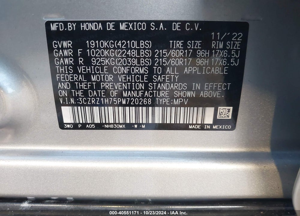 2023 HONDA HR-V 2WD EX-L VIN: 3CZRZ1H75PM720268