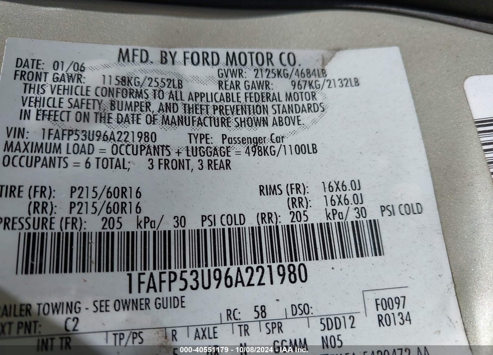 2006 FORD TAURUS SE VIN: 1FAFP53U96A221980