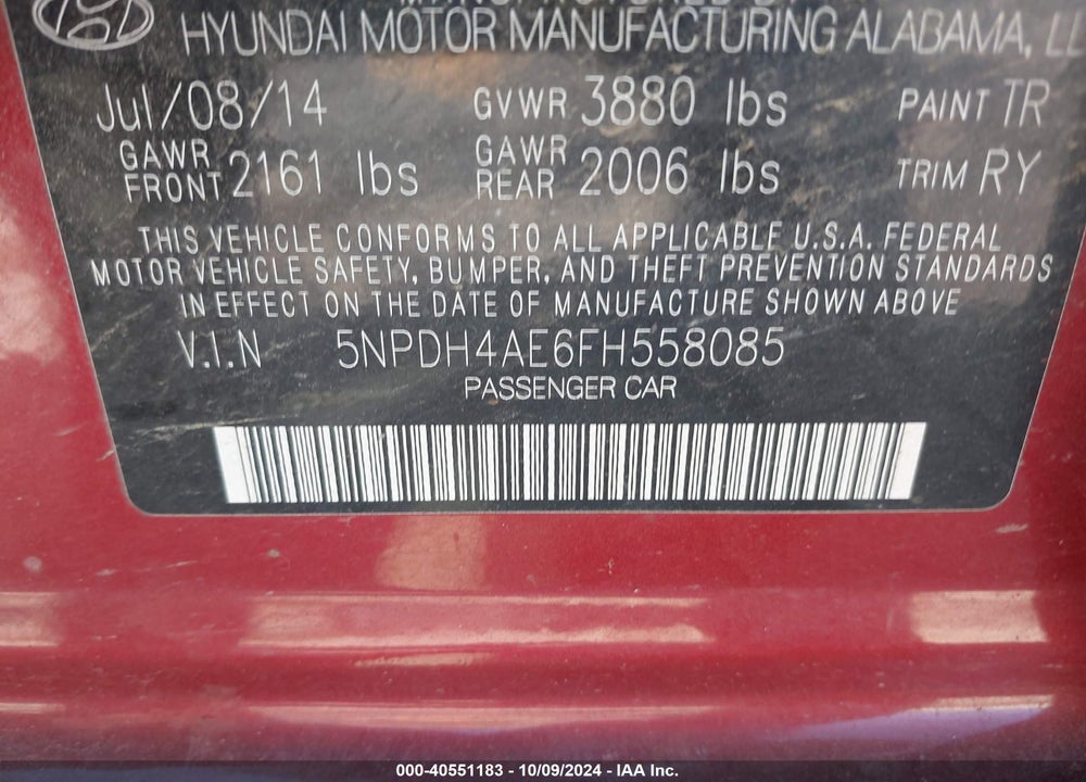 2015 HYUNDAI ELANTRA SE VIN: 5NPDH4AE6FH558085