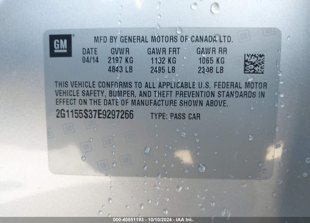 2014 CHEVROLET IMPALA 2LZ VIN: 2G1155S37E9297266