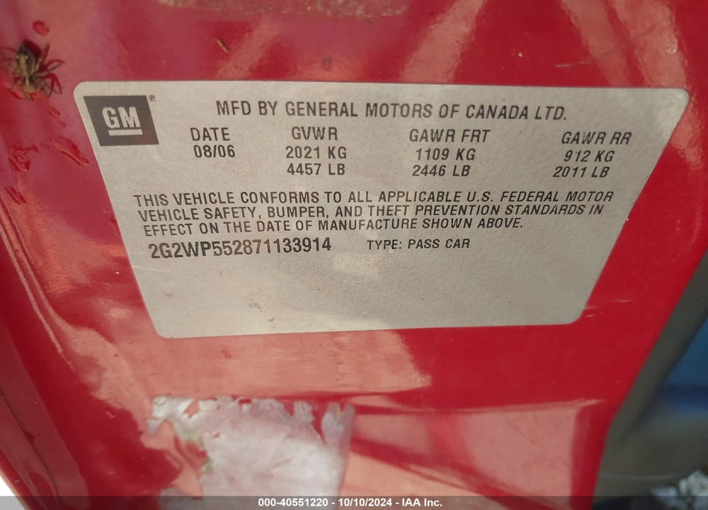 2007 PONTIAC GRAND PRIX VIN: 2G2WP552871133914