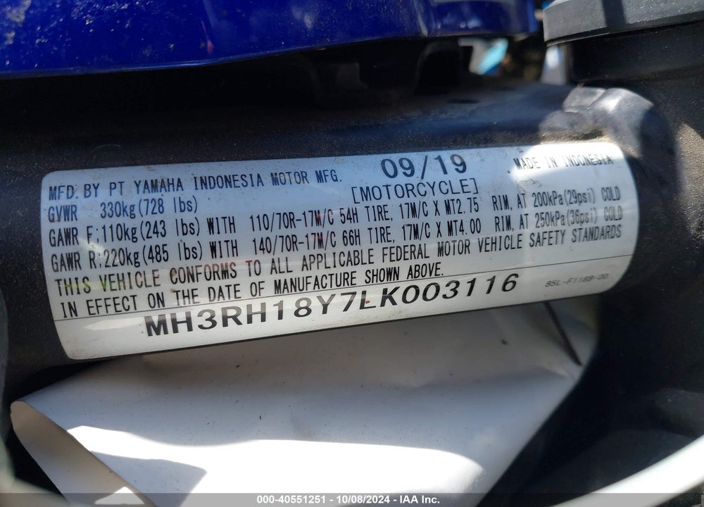 2020 YAMAHA YZFR3 A VIN: MH3RH18Y7LK003116
