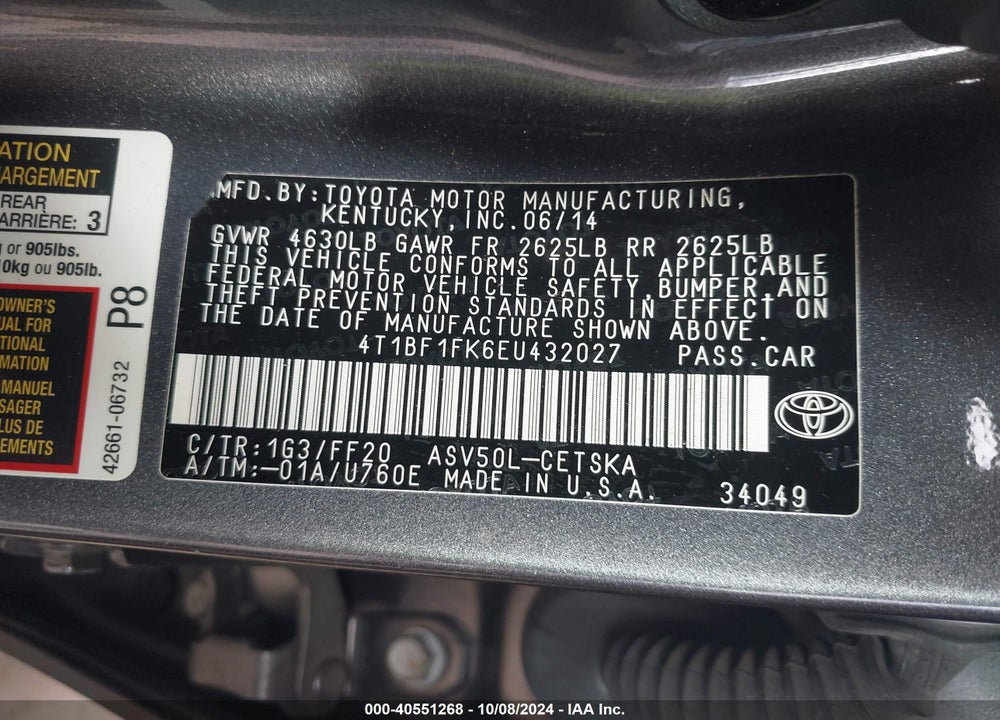 2014 TOYOTA CAMRY L/SE/LE/XLE VIN: 4T1BF1FK6EU432027