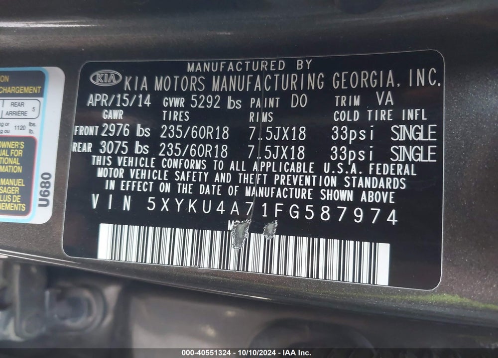 2015 KIA SORENTO EX V6 VIN: 5XYKU4A71FG587974