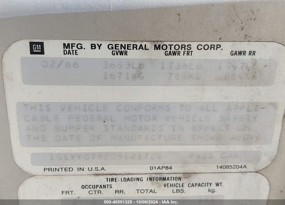 1986 CHEVROLET CORVETTE VIN: 1G1YY0782G5121724