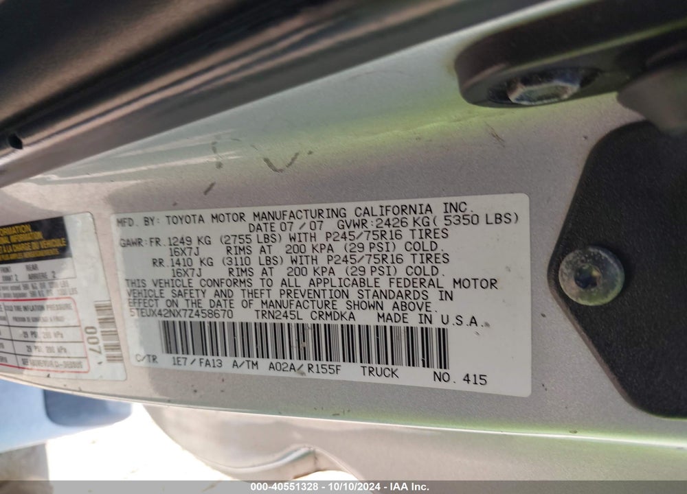 2007 TOYOTA TACOMA VIN: 5TEUX42NX7Z458670