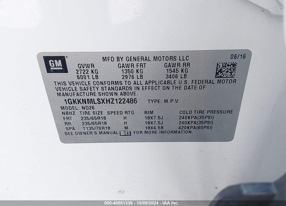 2017 GMC ACADIA SLT-1 VIN: 1GKKNMLSXHZ122486